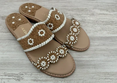 Jack Rogers Caroline Sandal Natural Tan Cork White Stitched Flat Slide  Size 9 M - Image 1 of 4