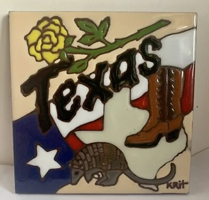 VTG GLAZED TRIVET TILE WALL ART BY KRIT TEXAS ARMADILLO FLAG YELLOW ROSE - Picture 1 of 2