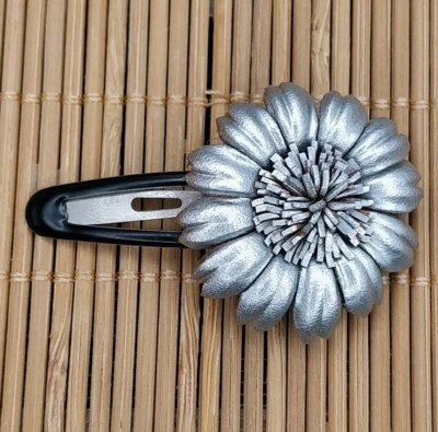 Gorgeous Genuine Leather Silver & Black Flower Hair Slide Clip Grip 5cm - Image 1 of 4
