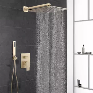 12" Brushed Gold Bathroom Shower Faucet Set Rain Heads+Handhled Shower Mixer Tap - Picture 1 of 12