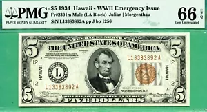 MULE HAWAII - 1934 $5 FRN - PMG GEM 66 EPQ - Fr 2301m LA block - $5 HAWAII MULE - Picture 1 of 2