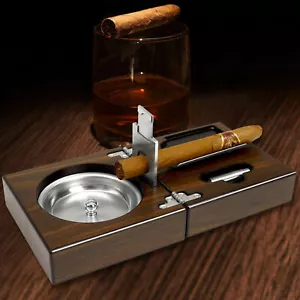 Foldable Wooden Cigar Ashtray Set with Cutter and Punch Perfect for Most Cigars - Picture 1 of 8