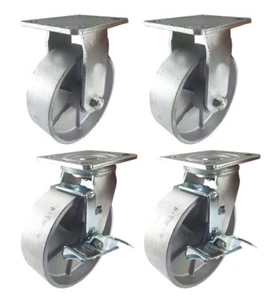 4 Heavy Duty Caster Set 4" 5" 6" All Steel Wheels Rigid Swivel and Brake - Picture 1 of 29