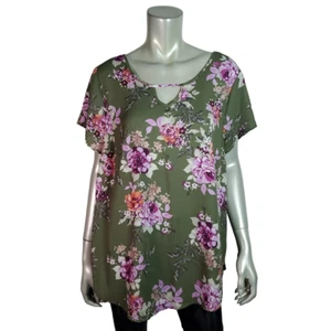 Torrid Oberteil Übergröße 1X High Low Schlüsselloch Blumen Kurzarm Pullover Grün - Bild 1 von 6