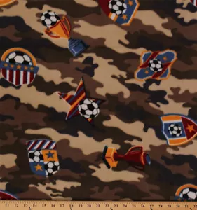 Camo Soccer Balls Stars Trophies Sport Fleece Fabric Print by the Yard A408.12 - Picture 1 of 1