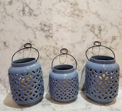 Juego de 3 linternas de cerámica para patio exterior con luces LED velas Foto 1 de 4