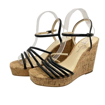 Jessica Simpson Sierah NWOB 11M 黑色皮革绑带软木楔形凉鞋 — 第 1/4 张图片