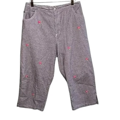 Quacker Factory Houndstooth Capri Pants Rose Embroidered Large Cotton - Image 1 of 4