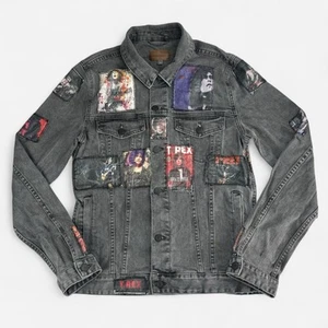 T-Rex Black Patched Denim Trucker Jacket Size S-M Distressed Music Festival Rock - Picture 1 of 9
