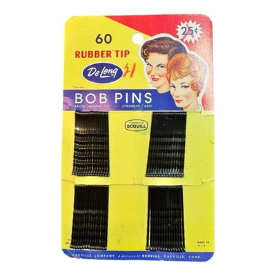 Vintage DeLong Bob Pins Rubber Tip 60ct Card 1960s Scovill Beauty NOS USA - Image 1 of 4