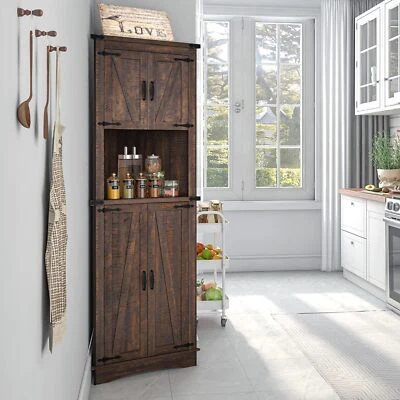 68" Farmhouse Corner Cabinet, 5-Tier Storage Cabinet with Barn Door & Shelves - Image 1 of 4