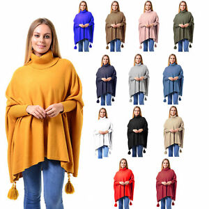 Womens Italian Batwing Boxy Polo Tassels Poncho Ladies Knitted Cape Plus Size