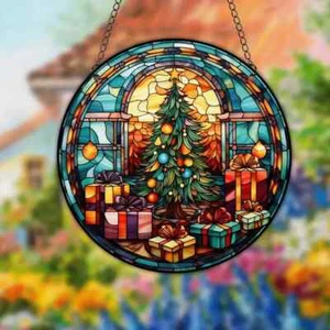 Bezaubernder Weihnachtsbaum Sonnenfänger Buntglasoptik Wohndeko Geschenk - Bild 1 von 4