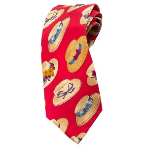YVES SAINT LAURENT Herren Krawatte 100% Seide Rot Hüte Print Made in Italy - Bild 1 von 5