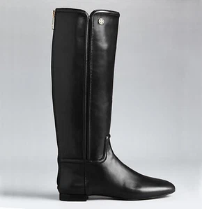Tory Burch Irene Black Leather Equestrian Riding Gold Logo Zip Boots Sz 9.5-10 - Picture 1 of 24