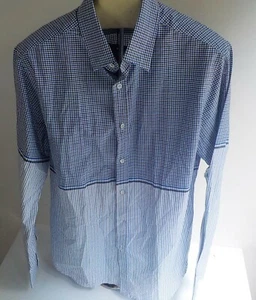 FIVE FOUR  Bernard Long Sleeve Striped Check Pattern Casual Shirt  MED Blue NWT - Picture 1 of 5