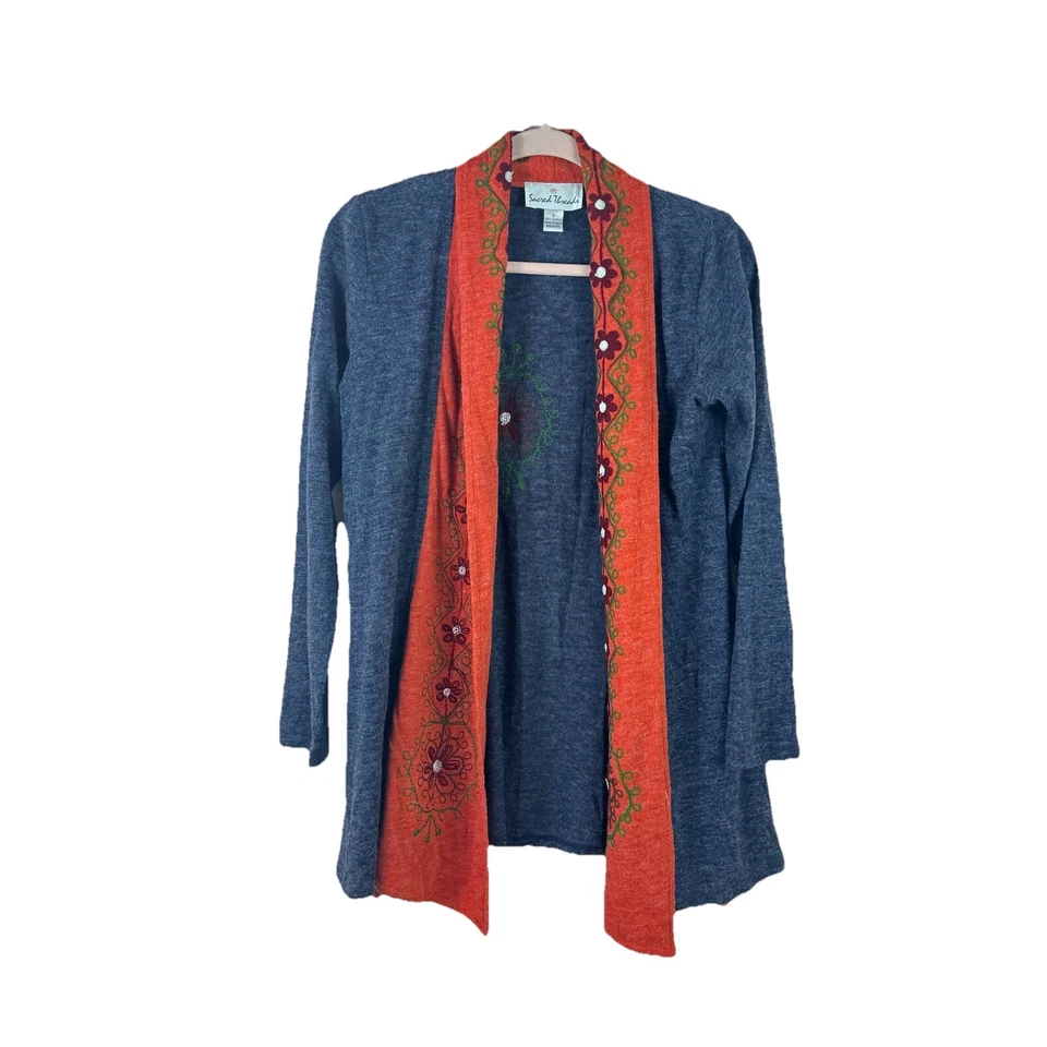 SACRED THREADS Mujer Talla S Gris Naranja Boho Floral Bordado Cárdigan Suéter Foto 1 de 4