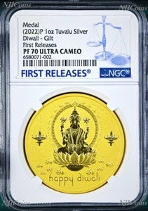 2022 Diwali Festival Hindu New Year Gift 1oz Silver Gilt NGC PF70 Medal FR - Picture 1 of 5