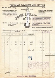 JOHN LYSAGHT GALVANISED SHEET IRONMASTERS BRISTOL ORIGINAL VINTAGE INVOICE 1933 - Foto 1 di 1