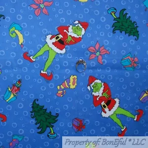 BonEful Fabric FQ Cotton Quilt VTG Blue Xmas Tree Dot Green GRINCH Dr Seuss Kid - Picture 1 of 14