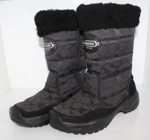 Coach Women’s Size 6.5B Sonya Black Monogram Canvas Suede Trim Winter Boots - Picture 1 of 22