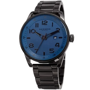 Men's Akribos XXIV AK956BU Black Ion Plated Polished Steel Bracelet Date Watch - Picture 1 of 4