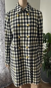 J Crew Plaid Oxford Long Wool Coat Gold Buttons Blue Green Ivory Multi Sz 12 - Picture 1 of 11