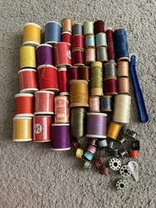 Vintage Sewing Supplies Red Yellow Multicolored Thread Bobbins Tracing Wheel - Picture 1 of 7
