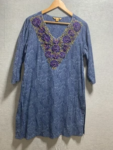 April Cornell Dress Womens XL Blue Paisley Embroidered Boho 3/4 Sleeve Tunic - Picture 1 of 8