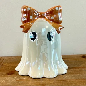 Halloween Ceramic Iridescent Viral Ghost Girl With Orange Polka Dot Bow - HTF! - Picture 1 of 4