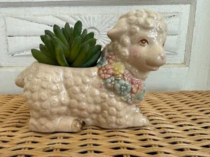 Vintage 60's Planter Pot Cute Sheep With Flower Collar Retro Kitsch - Picture 1 of 7