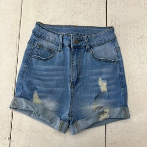 Shein Medium Wash Blue Distressed High-Waisted Cut-Off Shorts Women's Size XXSP - Picture 1 of 7