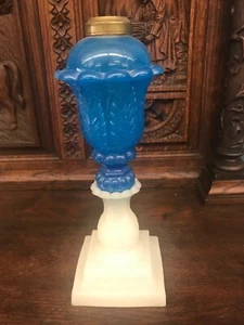 ANTIQUE BOSTON & SANDWICH GLASS STARCH BLUE ACANTHUS LEAF WHALE OIL LAMP 12" - Picture 1 of 7