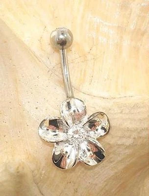 15MM RHODIUM PLATED 925 SILVER HAWAIIAN PLUMERIA FLOWER WHITE CZ BELLY RING #M — 第 1/4 张图片