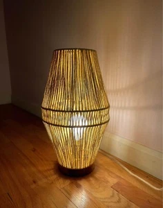 Yellow Woven Rope Style Desk Floor Lamp 15” H w/ Wooden Base Perfect Condition - Picture 1 of 2