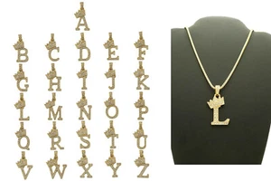 Alphabet Initial Letter Crown Pendant with 20" Box Chain Hip Hop Unisex Necklace - Picture 1 of 57