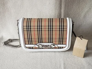 100% AUTH NWT BURBERRY 1983 Vintage Check Plaid White Chain Link Flap Bag White - Picture 1 of 12