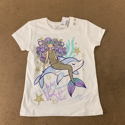 The Children's Place Girls Size XS 4 White Mermaid Dolphin Glitter Tee NWT - Image 1 of 4