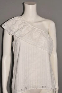 DU JOUR NEW $62 One Shoulder Eyelet Top w/ Flounce Detail White Small - Picture 1 of 4