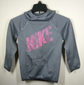 Nike Youth Girls XS Gray Pink Pullover Hooded Sweater Therma-Fit Thumb Holes - Picture 1 of 8