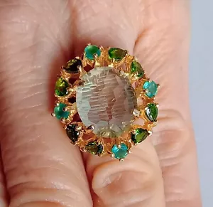 ANELLO ARG. STERLING 925 DORATO CON PRASIOLITE, ONICE E DIOPSIDI NATURALI - Foto 1 di 8