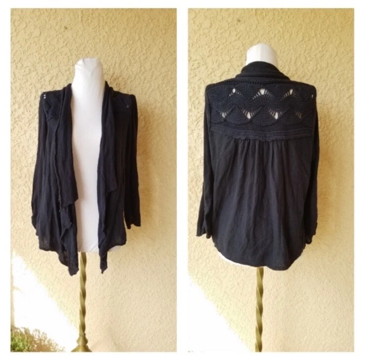 Cárdigan Anthropologie Tejido y Anudado Pequeño Azul Marino Recortado Manga 3/4 Cascada Foto 1 de 4