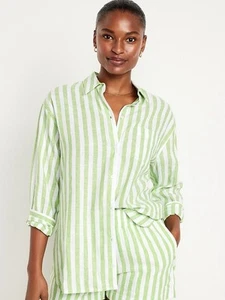 Old Navy Green Linen-Blend Striped Boyfriend Fit Button Up Shirt NWT Size S - Picture 1 of 12