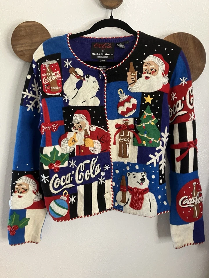 Cardigã de Natal vintage edição limitada 1999 Michael Simon com miçangas Coca-Cola tamanho P - Imagem 1 de 4