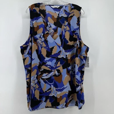 Top Nine West para mujer sin mangas estampado abstracto 2X poliéster azul y marrón Foto 1 de 4