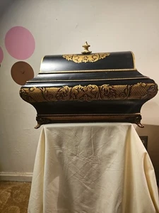 JOHN RICHARD BLACK & GOLD PAINTED FOOTED DOMED LID METAL BOX 12 x 20 x 13 1/2” - Picture 1 of 22