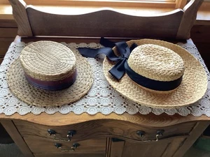 Vintage His & Hers Straw Hats Boater His Switzerland Hers Black Ribbon Unmarked - Picture 1 of 19