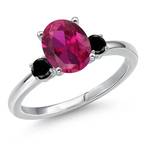 2.20 Ct Oval Red Created Ruby Black Diamond 14K White Gold Ring - Picture 1 of 6