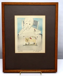VTG Peter Barger Framed Matted Art Signed Numbered Etching Child Cat Color Kid - Picture 1 of 24