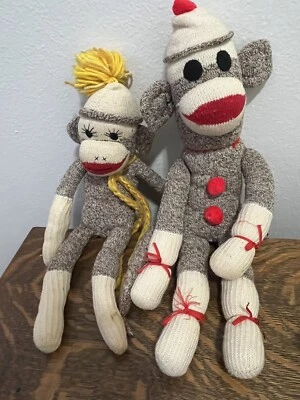 2 Vintage Red Heel Sock Monkeys Handmade Boy 20” And Girl 16” - Image 1 of 4